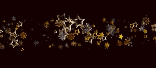 Elegant image of gold stars and snowflakes floating against a dark brown background, perfect for holiday greetings and c © vegefox.com