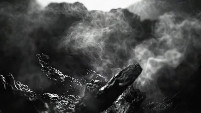 Rough black volcanic rock and rugged textured surface amid swirling white smoke and ash, moody monochrome landscape evoking eruption aftermath, danger, and desolation