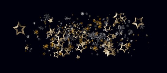 Abstract background featuring golden stars and snowflakes floating against a dark backdrop. Ideal for Christmas,