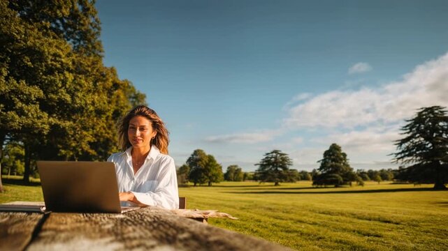 Young woman works on laptop outdoors in sunny park blending remote work flexibility with relaxing natural environment and modern digital lifestyle