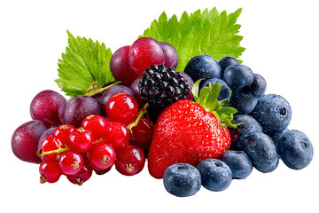 Fresh mixed berries and grapes piled together with water droplets on a black background