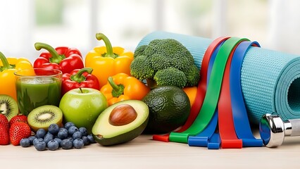 Healthy lifestyle with fresh fruits vegetables exercise equipment and green juice