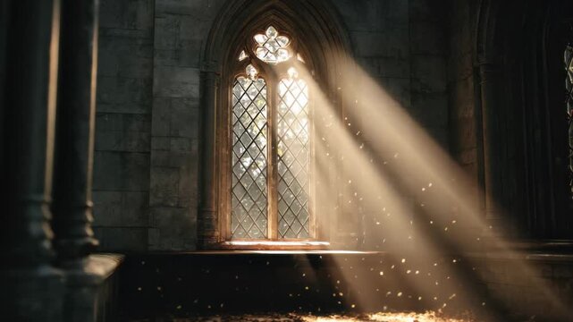 Sunlight streams through a stained glass window in an ancient stone building, illuminating dust particles in the air during a quiet afternoon