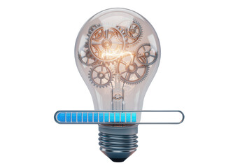 A 3D icon of a lightbulb with gears, symbolizing abstract concepts and innovative ideas, with a progress bar for brainstorming sessions.