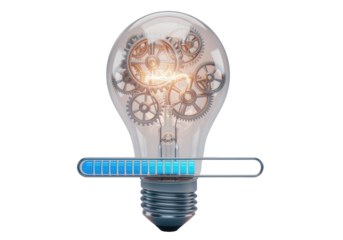 A 3D icon of a lightbulb with gears, symbolizing abstract concepts and innovative ideas, with a progress bar for brainstorming sessions.