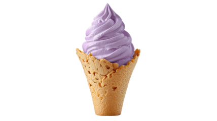Purple soft serve ice cream cone creamy frozen dessert waffle cone sweet treat isolated on white background