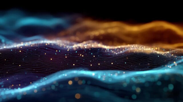 Abstract glowing digital waves of blue and orange light particles technology data