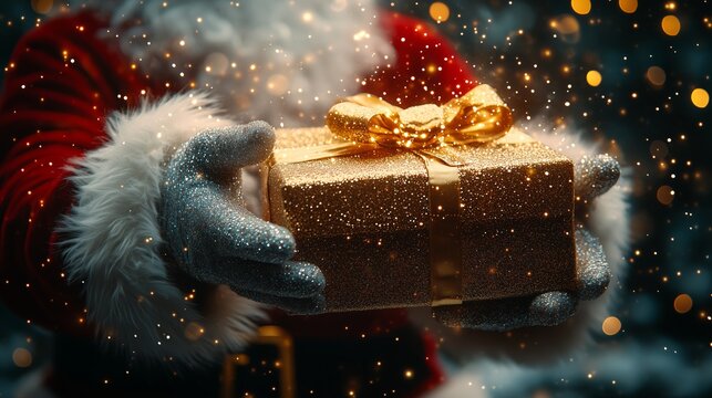 Santa’s gloved hand holding small Christmas gift with red ribbon against snowy forest lights, perfect holiday greeting banner. - Powered by Adobe