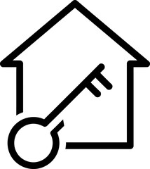 House and key icon silhouette, concept of home security, real estate, property access, modern minimal symbol. Vector illustration graphic