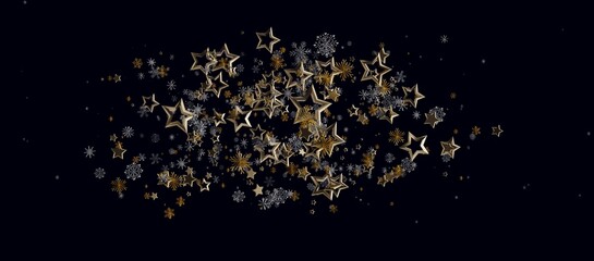 Christmas background with golden stars and snowflakes in a night sky, ideal for festive designs and greetings. P © vegefox.com