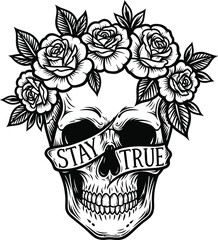 Sugar skull illustration with floral wreath for day of the dead logo, mexican culture badge, gothic skeleton emblem and isolated on transparent festival graphic sketch