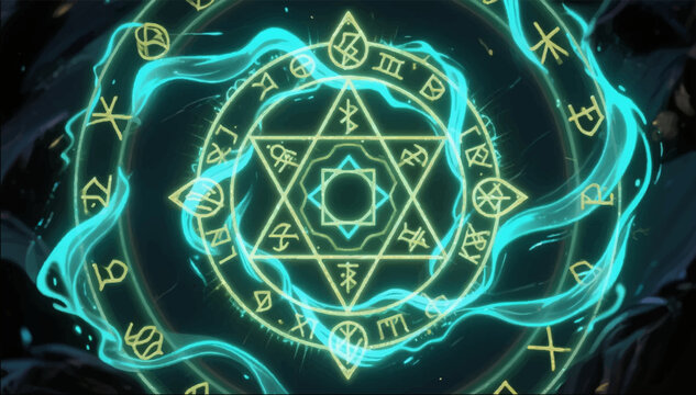 The illustration is a geometric circle with runes and a luminous and pulsating energy stream ideal for fantasy illustrations and game interfaces. Vector graphics. EPS.
