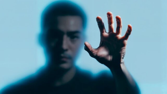 Blurred shadowy figure with outstretched hand presses against glass surface creating eerie horror mood and psychological thriller tension