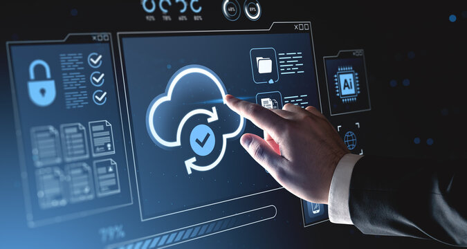Hand interacting with holographic cloud computing interface on digital background showing cybersecurity and data synchronization concept. - Powered by Adobe