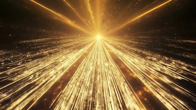 Abstract digital rendering showing bright golden light particles emitting from a central point, forming dynamic rays and streaks across a dark background, representing speed and connection