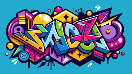 Vibrant Graffiti Art with Bold Colors and Geometric Shapes on Blue Background, vector illustration