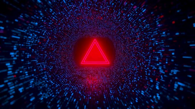 Red glowing triangular warning symbol centered within swirling blue digital particle tunnel background