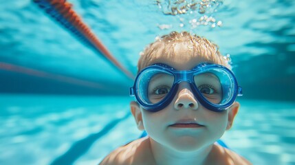 Naklejka premium Underwater close-up portrait of a young boy wearing blue swim goggles in a pool with sun rays and bubbles, conveying a sense of fun and exploration.