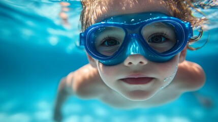 Naklejka premium Close-up underwater shot of a young boy wearing blue swim goggles and swimming in a pool with clear blue water.