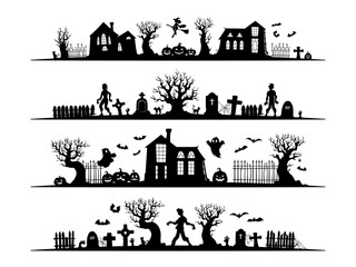 Obraz premium Halloween dividers and border frames with abandoned haunted house and graveyard cemetery vector silhouettes. Halloween horror zombies, scary ghosts and gravestones, spooky bats and pumpkins borders