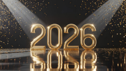 Golden 2026 balloons under spotlights with confetti