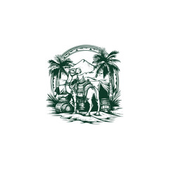 Vintage camel in the desert with saddle and tents in hand-drawn woodcut engraving style isolated on white background