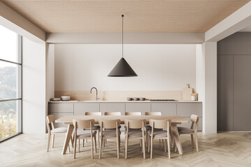 Modern minimalist kitchen interior with wooden dining table, neutral cabinetry, large windows, and geometric pendant light in natural lighting concept. 3D Rendering