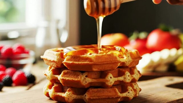 Golden honey pours slowly onto a stack of fresh homemade waffles