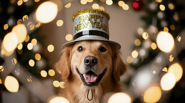 Golden Retriever dog wearing a silver Happy New Year top hat. Cute pet portrait celebrating New Year's Eve with warm festive bokeh lights in the background. Holiday celebration concept