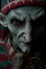 xmas fantasy, creepy elf with long ears closeup, winter, celebrate, christmas, christian, x-mas, noel, nativity, holiday, portrait format, photorealistic