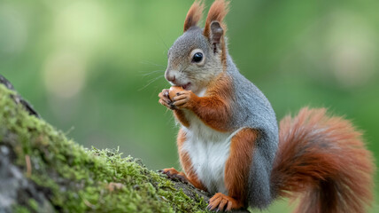 Obraz premium Red squirrel eating a nut in the park, a cute wild animal on a tree, closeup of fluffy brown fur and tail