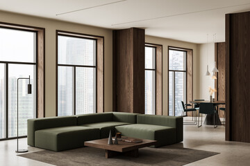 Modern minimalist living room and dining area design with urban cityscape background through tall windows, featuring wood and green interior concept. 3D Rendering