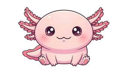 Cute cartoon axolotl with big eyes and pink body on white background
