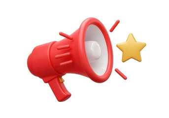 A 3D icon of a megaphone with sound waves, representing marketing and promotion, with a star for a successful campaign.