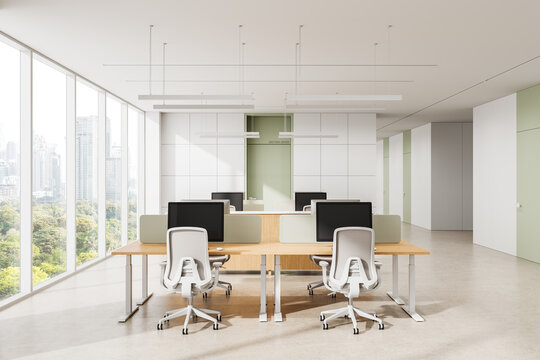 Modern open space office interior with ergonomic furniture and large windows overlooking cityscape in minimalist design style. 3D Rendering
