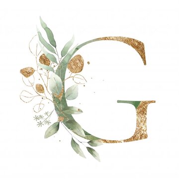 Letter G alphabet initial letter watercolor greenery foliage with line art delicate animation romantic illustrated alpha mask animation golden