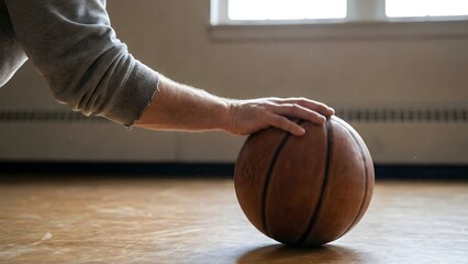 Persons Hand Resting on Basketball on Wooden Floor.