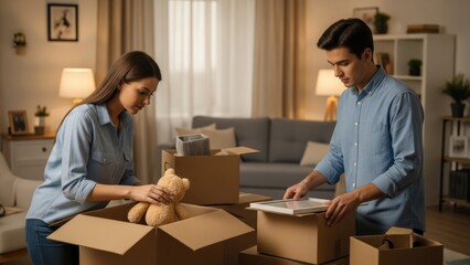 Cooperative young couple carefully packs personal belongings into sturdy cardboard boxes, eagerly anticipating a seamless home relocation and fresh beginning