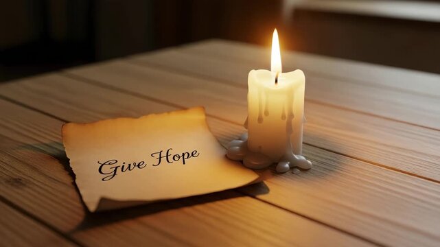 Burning candle next to handwritten Give Hope message on wooden table. Spiritual concept of charity, faith, and support