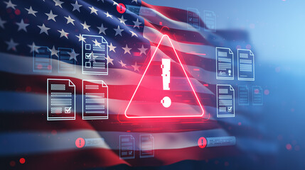 Cybersecurity warning concept with digital documents and alert symbol over USA flag background, highlighting data breach and hacker threat protection.