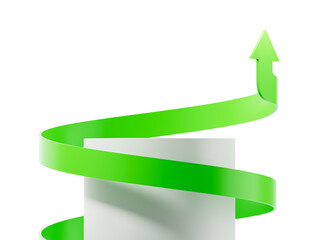 Green spiral arrow wrapping around white podium rising upward on white background, symbolizing...