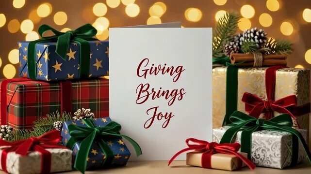 Christmas gifts and greeting card with text Giving Brings Joy. Festive holiday presents stacked with pine cones and bokeh lights. Seasonal celebration concept