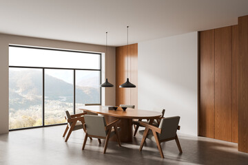 Modern dining room with wooden furniture, panoramic window view and minimalist decor in natural tones. Interior design concept background. 3D Rendering