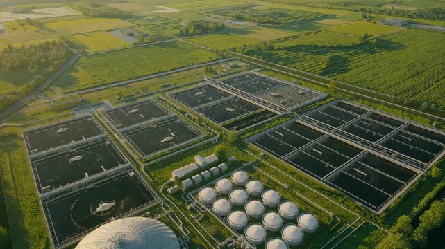 Aerial view of large aquaculture or water treatment facility with rectangular ponds in farmland