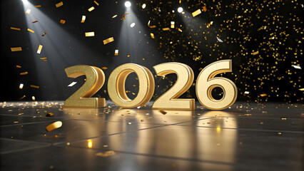Golden 2026 new year celebration with confetti and spotlights