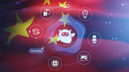 Futuristic chatbot and AI assist concept with hologram bot icons over digital background and Chinese flag elements in abstract tech style.