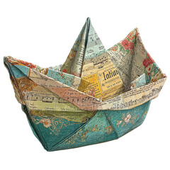Obraz premium Artistic Origami Boat Crafted from Vintage Fabric with Sheet Music and Floral Pattern, Creative Art & Music Concept