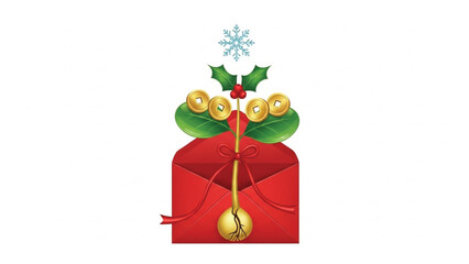 Fototapeta premium Red Christmas Gift Box with Holly Gold Bells and Snowflake