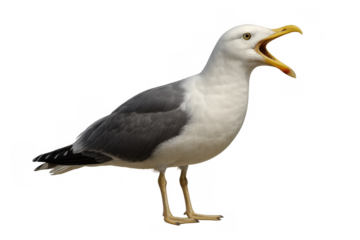 Seagull squawking loudly with open beak, a white and grey seabird communicating, transparent background cutout