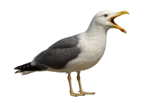 Seagull squawking loudly with open beak, a white and grey seabird communicating, transparent background cutout